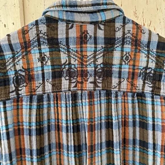 Free People Magical Plaid Embroidered Button Down Plaid Shirt - Blue and Brown - Picture 5 of 8